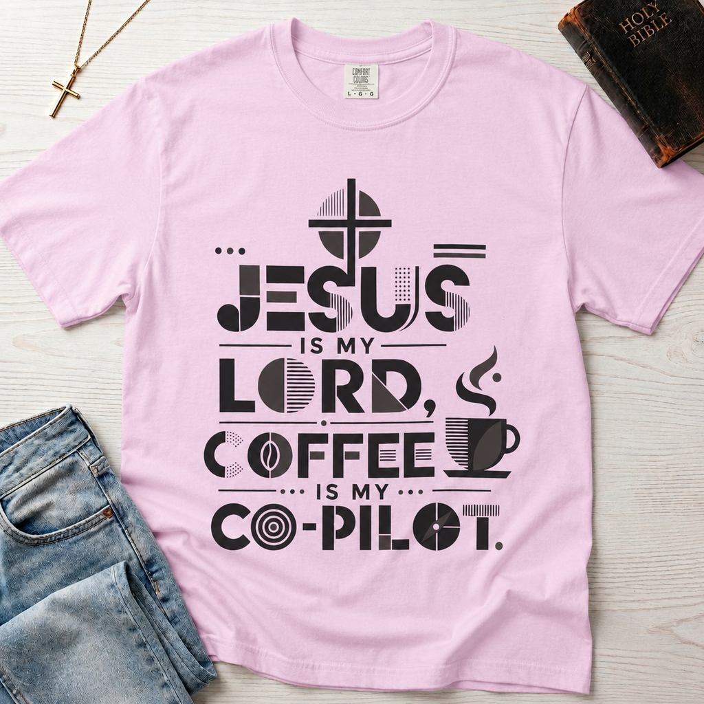 Jesus Is My Lord, Coffee Is My Co-Pilot Christian t-shirt in lilac, mid-century typography with coffee cup and cross, garment-dyed cotton tee flat lay.
