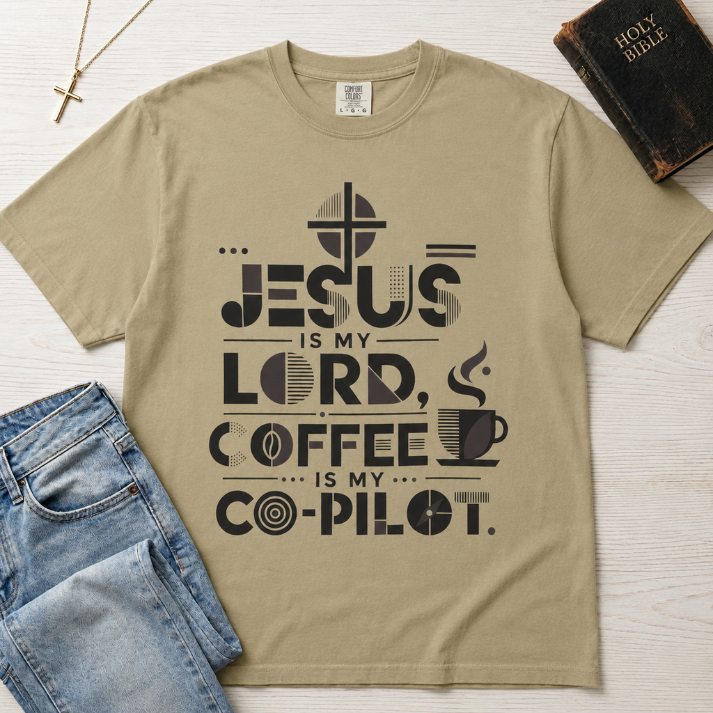 Jesus Is My Lord, Coffee Is My Co-Pilot Christian t-shirt in sand tan, mid-century typography with coffee cup and cross, garment-dyed cotton tee.