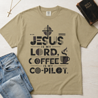 Jesus Is My Lord, Coffee Is My Co-Pilot Christian t-shirt in sand tan, mid-century typography with coffee cup and cross, garment-dyed cotton tee.