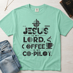 Jesus Is My Lord, Coffee Is My Co-Pilot Christian t-shirt in mint green, mid-century typography with coffee cup and cross, garment-dyed cotton tee.
